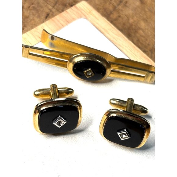 Vintage Anson Gold & Black Cufflinks With Tie Clip Set-NOTE PICS - Picture 1 of 13